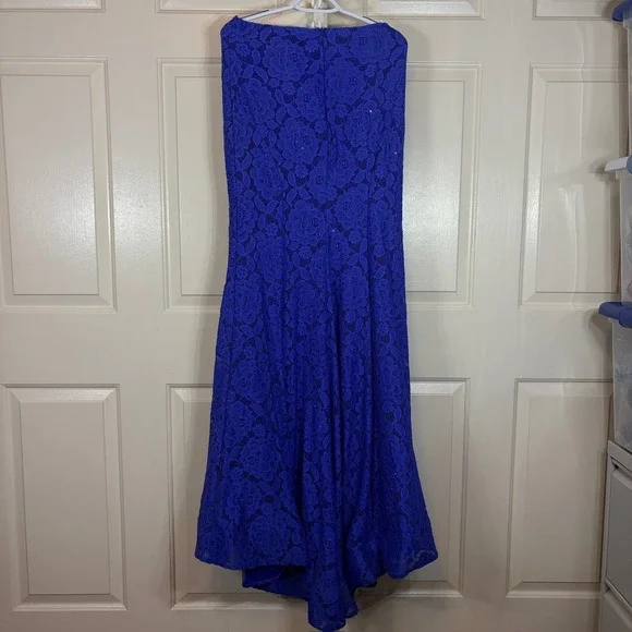 La Femme Lace Mermaid Gown Womens 10 Royal Blue Rhinestone Strapless Prom Dress - Picture 4 of 10